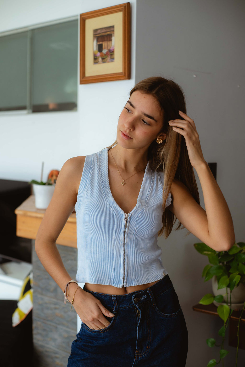 Top Rib Mare – Celeste Desgastado