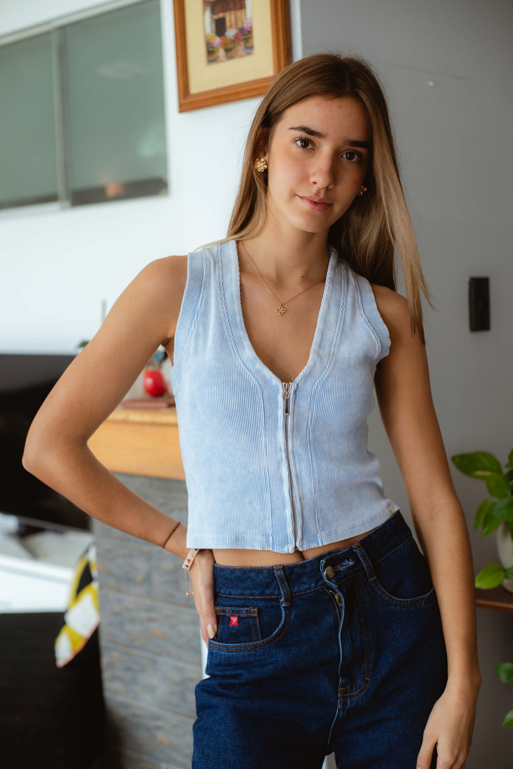 Top Rib Mare – Celeste Desgastado